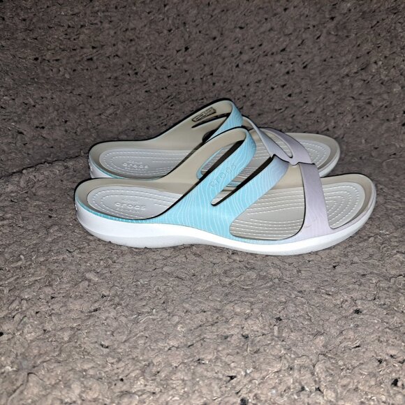 CROCS-Kadee II Sandals-Purple Blue Ombre with Wavy Lines-Sz 8-Excellent - Picture 4 of 7